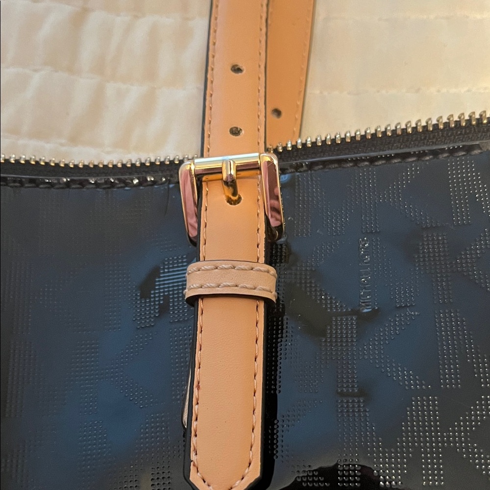 Michael Kors Shiny Black MK Tote with Camel Straps - Picture 5 of 12